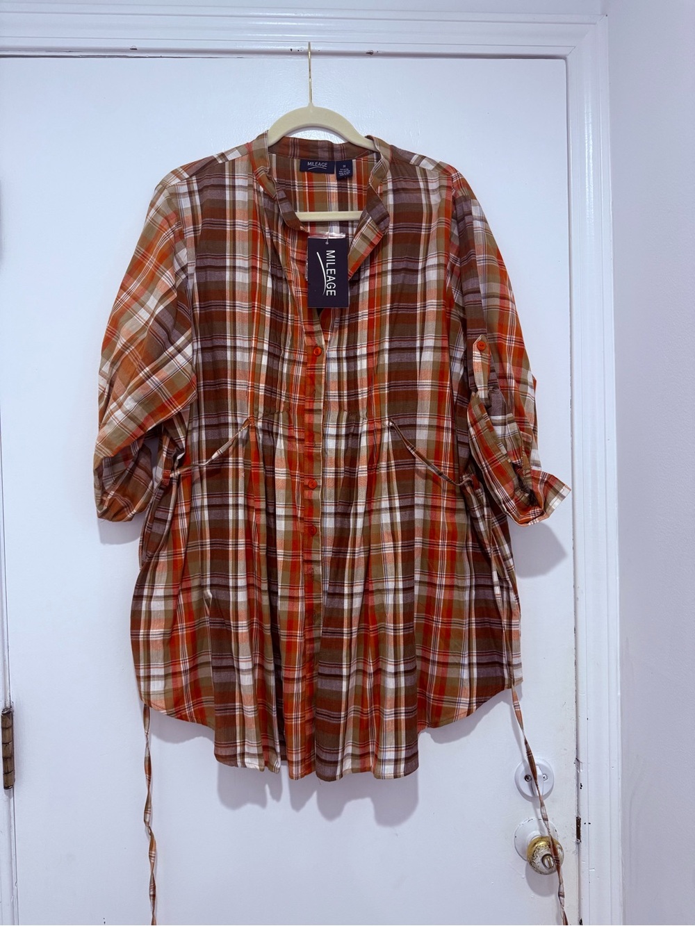 Plaid Button-Front Tunic Shirt in Rust & Brown